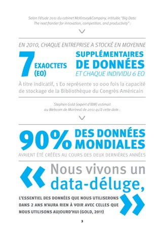 3
Selon l’étude 2011 du cabinet McKinsey&Company, intitulée “Big Data:
The next frontier for innovation, competition, and productivity” :
Stephen Gold (expert d’IBM) estimait
au Webcom de Montreal de 2011 qu’à cette date :
l’essentiel des données que nous utiliserons
dans 2 ans n’aura rien à voir avec celles que
nous utilisons aujourd’hui (Gold, 2011)
90%avaient été créées au cours des deux dernières années
des données
mondiales
«
»
Nous vivons un
data-déluge,
supplémentaires
de données
et chaque individu 6 Eo7
En 2010, chaque entreprise a stocké en moyenne
À titre indicatif, 1 Eo représente 10 000 fois la capacité
de stockage de la Bibliothèque du Congrès Américain
exaoctets
(Eo)
 