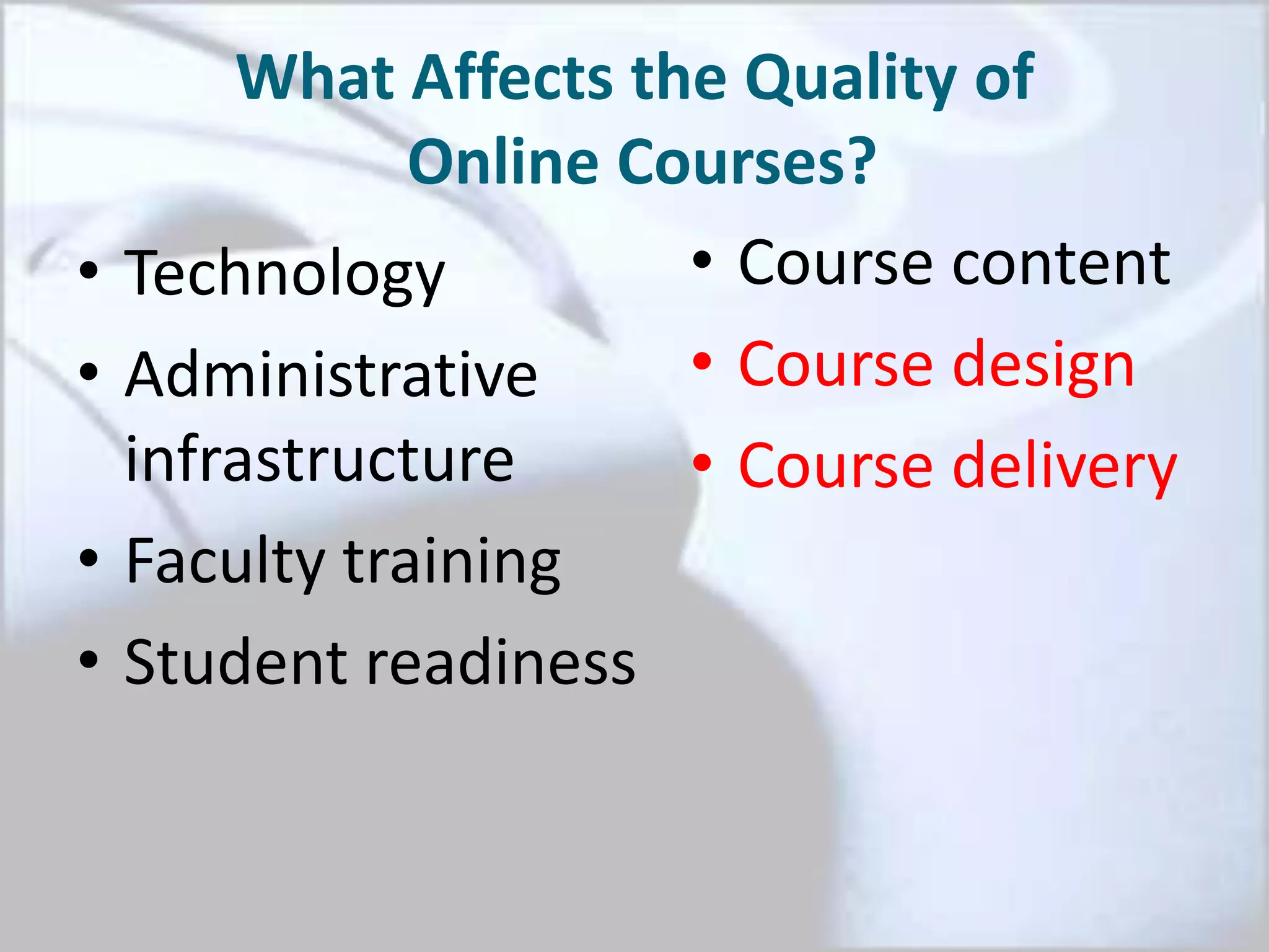 What Affects the Quality of
Online Courses?
• Technology
• Administrative
infrastructure
• Faculty training
• Student readiness
• Course content
• Course design
• Course delivery
 