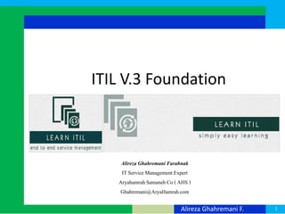 ITIL V.3 Foundation
Alireza Ghahremani F. 1
AlirezaGhahremani Farahnak
IT Service Management Expert
Aryahamrah Samaneh Co ( AHS )
Ghahremani@AryaHamrah.com
 