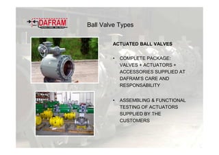 Ball Valve Types
ACTUATED BALL VALVES
• COMPLETE PACKAGE:
VALVES + ACTUATORS +
ACCESSORIES SUPPLIED AT
DAFRAM’S CARE AND
RESPONSABILITY
• ASSEMBLING & FUNCTIONAL
TESTING OF ACTUATORS
SUPPLIED BY THE
CUSTOMERS
 