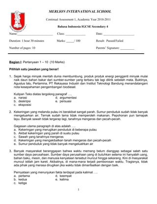 Continual Assessment 1 Bahasa Indonesia IGCSE 2011