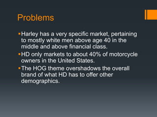 Problems
Harley has a very specific market, pertaining
to mostly white men above age 40 in the
middle and above financial class.
HD only markets to about 40% of motorcycle
owners in the United States.
The HOG theme overshadows the overall
brand of what HD has to offer other
demographics.
 