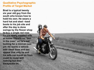 Brad is a typical twenty
six year old guy from the
south who knows how to
hold his own. He wears a
hard hat and steel –toed
boots to his job site and
after the day is done
swings by the flower shop
to buy a single red rose
for his newly wedded wife
at home. There’s no “bun
in the oven” so he’s not
looking for a minivan just
yet. He wants a vehicle
with sleek lines and sex
appeal that only he and
his wife can travel on from
coast to coast with
nothing but their
backpacks on.
Qualitative Psychographic
Profile of Target Market
 