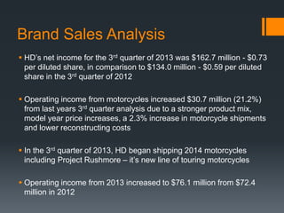 Brand Sales Analysis
 HD’s net income for the 3rd quarter of 2013 was $162.7 million - $0.73
per diluted share, in comparison to $134.0 million - $0.59 per diluted
share in the 3rd quarter of 2012
 Operating income from motorcycles increased $30.7 million (21.2%)
from last years 3rd quarter analysis due to a stronger product mix,
model year price increases, a 2.3% increase in motorcycle shipments
and lower reconstructing costs
 In the 3rd quarter of 2013, HD began shipping 2014 motorcycles
including Project Rushmore – it’s new line of touring motorcycles
 Operating income from 2013 increased to $76.1 million from $72.4
million in 2012
 
