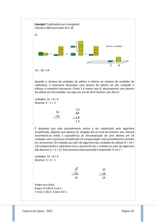 Caderno de Apoio – NO2 Página 18
Exemplo* (subtração com transporte)
Calcula a diferença entre 32 e 18.
R.:
32 – 18 = 14
Quando o número de unidades do aditivo é inferior ao número de unidades do
subtrativo, é necessário decompor uma dezena do aditivo em dez unidades e
efetuar o respetivo transporte. Como 2 é menor que 8, decompomos uma dezena
do aditivo em 10 unidades. Ou seja, em vez de 30+2 ficamos com 20+12.
unidades: 12 – 8 = 4
dezenas: 2 – 1 = 1
É desejável que este procedimento venha a ser substituído pelo algoritmo
simplificado, objetivo que deverá ser atingido até ao final do próximo ano. Deverá
reconhecer-se então a equivalência da decomposição de uma dezena em 10
unidades com o processo simplificado de compensação. Este procedimento consiste
em acrescentar 10 unidades ao valor do algarismo das unidades do aditivo (2 + 10 =
12) compensando o subtrativo com o acrescento de 1 unidade ao valor do algarismo
das dezenas (1 + 1 = 2). Este processo está associado à expressão “e vai 1”.
unidades: 12 – 8 = 4
dezenas: 3 – 2 = 1
Poder-se-á dizer:
8 para 12 são 4; e vai 1.
1 mais 1 são 2; 2 para 3 é 1.
dezenas unidades
1 4
=– –
2 12
3 2
– 1 8
1 4
32
– 18
32
– 18
14
+10
+1
32
– 18
14
 