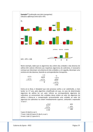 Caderno de Apoio – NO2 Página 19
Exemplo** (subtração com dois transportes)
Calcula a diferença entre 623 e 475.
R.:
623 – 475 = 148
Neste exemplo, dado que os algarismos das ordens das unidades e das dezenas do
aditivo têm valores inferiores aos respetivos algarismos do subtrativo, é necessário
começar por decompor uma dezena em dez unidades e, em seguida, decompor uma
centena em dez dezenas, fazendo os correspondentes transportes.
Como já se disse, é desejável que este processo venha a ser substituído, o mais
tardar no 3.º ano, pelo algoritmo simplificado em que, no caso de determinado
algarismo do aditivo ter um valor inferior ao correspondente algarismo do
subtrativo, se acrescentam dez unidades dessa ordem ao valor do algarismo do
aditivo e efetua-se a compensação acrescentando uma unidade ao valor do
algarismo do subtrativo na ordem imediatamente superior, utilizando a expressão
“e vai 1”.
5 para 13 são 8; e vai 1.
7 mais 1 são 8; 8 para 12 são 4; e vai 1.
4 mais 1 são 5; 5 para 6 é 1.
centenas dezenas unidades
1 4 8
623
– 475
148
=– =–
– = –
6 2 3
– 4 7 5
1 13
6 2 3
– 4 7 5
8
11
5 1 13
6 2 3
– 4 7 5
1 4 8
6 2 3
– 4 7 5
1 4 8
+10
+1
+10
+1
 