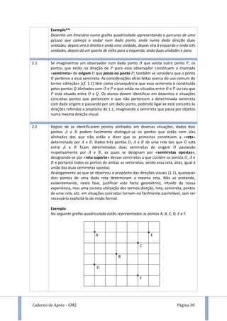 Caderno de Apoio – GM2 Página 30
Exemplo**
Desenha um itinerário numa grelha quadriculada representando o percurso de uma
pessoa que começa a andar num dado ponto, anda numa dada direção duas
unidades, depois vira à direita e anda uma unidade, depois vira à esquerda e anda três
unidades, depois dá um quarto de volta para a esquerda, anda duas unidades e para.
2.1 Se imaginarmos um observador num dado ponto que avista outro ponto , os
pontos que estão na direção de para esse observador constituem a chamada
«semirreta» de origem que passa no ponto ; também se considera que o ponto
pertence a essa semirreta. As considerações atrás feitas acerca do uso comum do
termo «direção» (cf. 1.1) têm como consequência que essa semirreta é constituída
pelos pontos alinhados com e e que estão ou situados entre e ou tais que
está situado entre e . Os alunos devem identificar em desenhos e situações
concretas pontos que pertencem e que não pertencem a determinada semirreta
com dada origem e passando por um dado ponto, podendo ligar-se este conceito às
direções referidas a propósito de 1.1, imaginando a semirreta que passa por objetos
numa mesma direção visual.
2.2 Depois de se identificarem pontos alinhados em diversas situações, dados dois
pontos e podem facilmente distinguir-se os pontos que estão com eles
alinhados dos que não estão e dizer que os primeiros constituem a «reta»
determinada por e . Dados três pontos , e de uma reta tais que está
entre e ficam determinadas duas semirretas de origem passando
respetivamente por e , as quais se designam por «semirretas opostas»,
designando-se por «reta suporte» dessas semirretas a que contém os pontos , e
e portanto todos os pontos de ambas as semirretas, sendo essa reta, aliás, igual à
união das duas semirretas opostas.
Analogamente ao que se observou a propósito das direções visuais (1.1), quaisquer
dois pontos de uma dada reta determinam a mesma reta. Não se pretende,
evidentemente, nesta fase, justificar este facto geométrico, intuído da nossa
experiência, mas uma correta utilização dos termos direção, reta, semirreta, pontos
de uma reta, etc. em situações concretas tornam-no facilmente assimilável, sem ser
necessário explicitá-lo de modo formal.
Exemplo
Na seguinte grelha quadriculada estão representados os pontos A, B, C, D, E e F.
E
C
B
D
F
A
 