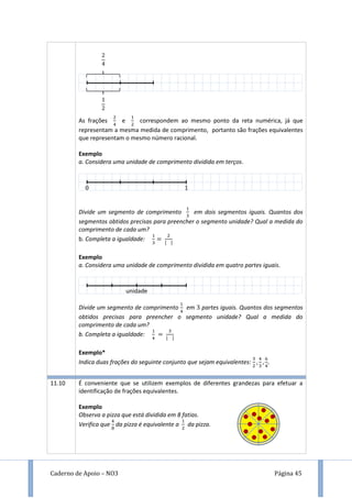 Caderno de Apoio – NO3 Página 45
As frações e correspondem ao mesmo ponto da reta numérica, já que
representam a mesma medida de comprimento, portanto são frações equivalentes
que representam o mesmo número racional.
Exemplo
a. Considera uma unidade de comprimento dividida em terços.
Divide um segmento de comprimento em dois segmentos iguais. Quantos dos
segmentos obtidos precisas para preencher o segmento unidade? Qual a medida do
comprimento de cada um?
b. Completa a igualdade: [ ]
Exemplo
a. Considera uma unidade de comprimento dividida em quatro partes iguais.
Divide um segmento de comprimento em partes iguais. Quantos dos segmentos
obtidos precisas para preencher o segmento unidade? Qual a medida do
comprimento de cada um?
b. Completa a igualdade: [ ]
Exemplo*
Indica duas frações do seguinte conjunto que sejam equivalentes:
11.10 É conveniente que se utilizem exemplos de diferentes grandezas para efetuar a
identificação de frações equivalentes.
Exemplo
Observa a pizza que está dividida em 8 fatias.
Verifica que da pizza é equivalente a da pizza.
unidade
 