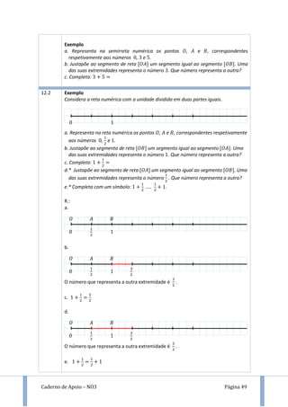 Caderno de Apoio – NO3 Página 49
Exemplo
a. Representa na semirreta numérica os pontos , e , correspondentes
respetivamente aos números , e .
b. Justapõe ao segmento de reta [ ] um segmento igual ao segmento [ ]. Uma
das suas extremidades representa o número . Que número representa a outra?
c. Completa:
12.2 Exemplo
Considera a reta numérica com a unidade dividida em duas partes iguais.
a. Representa na reta numérica os pontos , e , correspondentes respetivamente
aos números , e .
b. Justapõe ao segmento de reta [ ] um segmento igual ao segmento [ ]. Uma
das suas extremidades representa o número . Que número representa a outra?
c. Completa:
d.* Justapõe ao segmento de reta [ ] um segmento igual ao segmento [ ]. Uma
das suas extremidades representa o número . Que número representa a outra?
e.* Completa com um símbolo: .
R.:
a.
b.
O número que representa a outra extremidade é .
c.
d.
O número que representa a outra extremidade é .
e.
𝑂 𝐴 𝐵
𝑂 𝐴 𝐵
𝑂 𝐴 𝐵
 