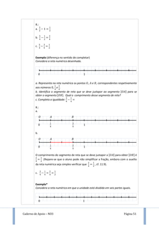 Caderno de Apoio – NO3 Página 51
R.:
a.
b.
c.
Exemplo (diferença no sentido de completar)
Considera a reta numérica desenhada.
a. Representa na reta numérica os pontos , e , correspondentes respetivamente
aos números , e .
b. Identifica o segmento de reta que se deve justapor ao segmento [ ] para se
obter o segmento [ ]. Qual o comprimento desse segmento de reta?
c. Completa a igualdade:
R.:
a.
b.
O comprimento do segmento de reta que se deve justapor a [ ] para obter [ ] é
(Repare-se que o aluno pode não simplificar a fração, embora com o auxílio
da reta numérica seja simples verificar que , cf. 11.9).
c.
Exemplo*
Considera a reta numérica em que a unidade está dividida em seis partes iguais.
 
