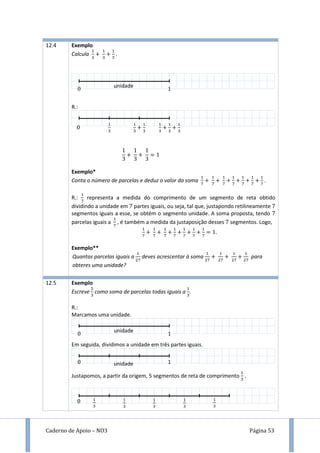 Caderno de Apoio – NO3 Página 53
12.4 Exemplo
Calcula .
R.:
Exemplo*
Conta o número de parcelas e deduz o valor da soma .
R.: representa a medida do comprimento de um segmento de reta obtido
dividindo a unidade em partes iguais, ou seja, tal que, justapondo retilineamente
segmentos iguais a esse, se obtém o segmento unidade. A soma proposta, tendo
parcelas iguais a , é também a medida da justaposição desses segmentos. Logo,
.
Exemplo**
Quantas parcelas iguais a deves acrescentar à soma para
obteres uma unidade?
12.5 Exemplo
Escreve como soma de parcelas todas iguais a .
R.:
Marcamos uma unidade.
Em seguida, dividimos a unidade em três partes iguais.
Justapomos, a partir da origem, 5 segmentos de reta de comprimento .
unidade
unidade
unidade
 