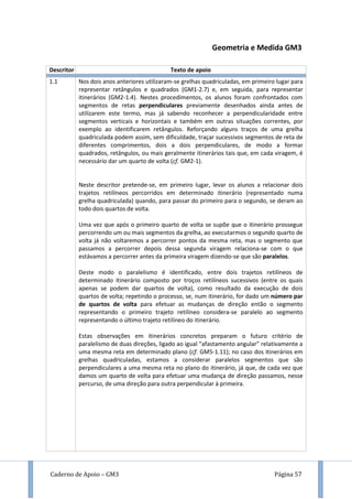 Caderno de Apoio – GM3 Página 57
Geometria e Medida GM3
Descritor Texto de apoio
1.1 Nos dois anos anteriores utilizaram-se grelhas quadriculadas, em primeiro lugar para
representar retângulos e quadrados (GM1-2.7) e, em seguida, para representar
itinerários (GM2-1.4). Nestes procedimentos, os alunos foram confrontados com
segmentos de retas perpendiculares previamente desenhados ainda antes de
utilizarem este termo, mas já sabendo reconhecer a perpendicularidade entre
segmentos verticais e horizontais e também em outras situações correntes, por
exemplo ao identificarem retângulos. Reforçando alguns traços de uma grelha
quadriculada podem assim, sem dificuldade, traçar sucessivos segmentos de reta de
diferentes comprimentos, dois a dois perpendiculares, de modo a formar
quadrados, retângulos, ou mais geralmente itinerários tais que, em cada viragem, é
necessário dar um quarto de volta (cf. GM2-1).
Neste descritor pretende-se, em primeiro lugar, levar os alunos a relacionar dois
trajetos retilíneos percorridos em determinado itinerário (representado numa
grelha quadriculada) quando, para passar do primeiro para o segundo, se deram ao
todo dois quartos de volta.
Uma vez que após o primeiro quarto de volta se supõe que o itinerário prossegue
percorrendo um ou mais segmentos da grelha, ao executarmos o segundo quarto de
volta já não voltaremos a percorrer pontos da mesma reta, mas o segmento que
passamos a percorrer depois dessa segunda viragem relaciona-se com o que
estávamos a percorrer antes da primeira viragem dizendo-se que são paralelos.
Deste modo o paralelismo é identificado, entre dois trajetos retilíneos de
determinado itinerário composto por troços retilíneos sucessivos (entre os quais
apenas se podem dar quartos de volta), como resultado da execução de dois
quartos de volta; repetindo o processo, se, num itinerário, for dado um número par
de quartos de volta para efetuar as mudanças de direção então o segmento
representando o primeiro trajeto retilíneo considera-se paralelo ao segmento
representando o último trajeto retilíneo do itinerário.
Estas observações em itinerários concretos preparam o futuro critério de
paralelismo de duas direções, ligado ao igual “afastamento angular” relativamente a
uma mesma reta em determinado plano (cf. GM5-1.11); no caso dos itinerários em
grelhas quadriculadas, estamos a considerar paralelos segmentos que são
perpendiculares a uma mesma reta no plano do itinerário, já que, de cada vez que
damos um quarto de volta para efetuar uma mudança de direção passamos, nesse
percurso, de uma direção para outra perpendicular à primeira.
 