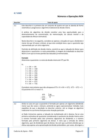 Caderno de Apoio – NO4 Página 65
4.º ANO
Números e Operações NO4
Descritor Texto de apoio
2.1 Este descritor é o primeiro de um conjunto de quatro em que se aborda de forma
sistemática e progressiva o algoritmo tradicional da divisão inteira.
A prática do algoritmo da divisão constitui uma boa oportunidade para o
desenvolvimento da concentração, da memorização, do cálculo mental e da
capacidade de efetuar estimativas.
Neste descritor e no seguinte, considera-se apenas a situação em que o dividendo é
menor do que 10 vezes o divisor, já que esta condição leva a que o quociente seja
representado por um único algarismo.
Partindo da definição de divisão inteira, constrói-se aqui a tabuada do divisor para
determinar o quociente e o resto pretendidos, à imagem do trabalhado no descritor
NO3-9.3 em que se tirava partido das tabuadas já memorizadas.
Exemplo
Determina o quociente e o resto da divisão inteira de por .
R.:
9
O produto mais próximo que não ultrapassa é ; .
O quociente é e o resto é .
2.2 Ainda no caso em que o quociente é formado por apenas um algarismo (dividendo
menor que dez vezes o divisor), pretende-se agora operacionalizar métodos mais
expeditos do que o abordado no descritor anterior, até se chegar ao algoritmo
tradicional na sua forma final para esta situação particular.
a) Dado treinarmos apenas a tabuada da multiplicação até à dezena, faz-se uma
primeira estimativa do quociente considerando o quociente da divisão inteira entre
o número formado pelos dois primeiros algarismos do dividendo e o número
formado pelo primeiro algarismo do divisor. É claro que a omissão do último
algarismo, quer do dividendo quer do divisor, faz com que a primeira divisão que se
efetua seja apenas uma aproximação da divisão pretendida e, por vezes, dá origem a
675 84
– 672 8
003
 