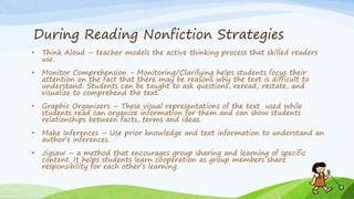 During Reading Nonfiction Strategies
• Think Aloud – teacher models the active thinking process that skilled readers
use.
• Monitor Comprehension - Monitoring/Clarifying helps students focus their
attention on the fact that there may be reasons why the text is difficult to
understand. Students can be taught to ask questions, reread, restate, and
visualize to comprehend the text.
• Graphic Organizers – These visual representations of the text used while
students read can organize information for them and can show students
relationships between facts, terms and ideas.
• Make Inferences – Use prior knowledge and text information to understand an
author’s inferences.
• Jigsaw – a method that encourages group sharing and learning of specific
content. It helps students learn cooperation as group members share
responsibility for each other’s learning.
 