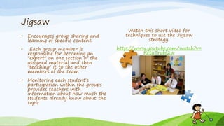 Jigsaw
• Encourages group sharing and
learning of specific content.
• Each group member is
responsible for becoming an
"expert" on one section of the
assigned material and then
"teaching" it to the other
members of the team
• Monitoring each student's
participation within the groups
provides teachers with
information about how much the
students already know about the
topic
Watch this short video for
techniques to use the Jigsaw
strategy.
http://www.youtube.com/watch?v=
RrtuTrobf2w
 