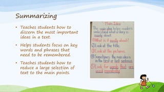 Summarizing
• Teaches students how to
discern the most important
ideas in a text.
• Helps students focus on key
words and phrases that
need to be remembered.
• Teaches students how to
reduce a large selection of
text to the main points.
 