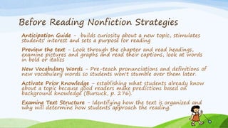 Before Reading Nonfiction Strategies
Anticipation Guide - builds curiosity about a new topic, stimulates
students' interest and sets a purpose for reading
Preview the text - Look through the chapter and read headings,
examine pictures and graphs and read their captions, look at words
in bold or italics
New Vocabulary Words - Pre-teach pronunciations and definitions of
new vocabulary words so students won't stumble over them later.
Activate Prior Knowledge - establishing what students already know
about a topic because good readers make predictions based on
background knowledge (Bursuck, p. 276).
Examine Text Structure - Identifying how the text is organized and
why will determine how students approach the reading.
 