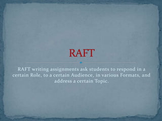 RAFT writing assignments ask students to respond in a
certain Role, to a certain Audience, in various Formats, and
address a certain Topic.
 