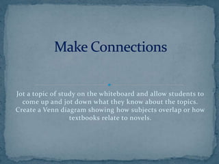 Jot a topic of study on the whiteboard and allow students to
come up and jot down what they know about the topics.
Create a Venn diagram showing how subjects overlap or how
textbooks relate to novels.
 