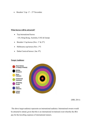 •

Breeders’ Cup 1st – 2nd November

What horses will be attracted?
•

Top international horses
- US, Hong Kong, Australia, UAE & Europe

•

Breeders’ Cup horses (Nov. 1st & 2nd)

•

Melbourne cup horses (Nov. 3rd)

•

Dubai Carnival horses ( Jan. 9th)

Target Audience

(HRI, 2011)

The above target audience represents an international audience. International owners would
be attracted to attend, given that this is an international invitational event whereby the JRA
pay for the travelling expenses of international runners.

 