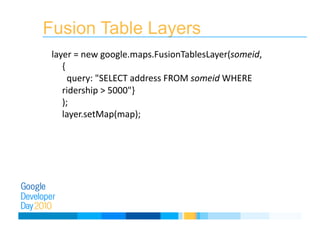 Fusion Table Layers
layer = new google.maps.FusionTablesLayer(someid, 
{ 
  query: "SELECT address FROM someid WHERE 
ridership > 5000"} 
); 
layer.setMap(map); 
 