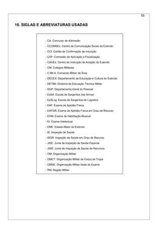 55
18. SIGLAS E ABREVIATURAS USADAS
- CA: Concurso de Admissão
- CCOMSEx: Centro de Comunicação Social do Exército
- CCI: Cartão de Confirmação de Inscrição
- CAF: Comissão de Aplicação e Fiscalização
- CIAvEx: Centro de Instrução de Aviação do Exército
- CM: Colégios Militares
- C Mil A: Comando Militar de Área
- DECEX: Departamento de Educação e Cultura do Exército
- DETMil: Diretoria de Educação Técnica Militar
- DGP: Departamento-Geral do Pessoal
- EsSA: Escola de Sargentos das Armas
- EsSLog: Escola de Sargentos de Logística
- EAF: Exame de Aptidão Física
- EAFGR: Exame de Aptidão Física em Grau de Recurso
- EHM: Exame de Habilitação Musical
- EI: Exame Intelectual
- EME: Estado-Maior do Exército
- IS: Inspeção de Saúde
- ISGR: Inspeção de Saúde em Grau de Recurso
- JISE: Junta de Inspeção de Saúde Especial
- JISR: Junta de Inspeção de Saúde de Recursos
- OM: Organização Militar
- OMCT: Organização Militar de Corpo de Tropa
- OMSE: Organização Militar Sede de Exame
- RM: Região Militar
 