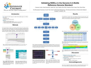 Validating INDELs in the Genome In A Bottle
Reference Genome Standard
Cameron Locker, Sarah Imawalle, Natalie Bir, Vijay Nadella, Ben Kelly, Harkness Kuck, James Fitch, Peter White
The Biomedical Genomics Core & The Center for Microbial Pathogenesis, The Research Institute at Nationwide Children's
Hospital, Columbus, OH
Methods
The National Institute of Science and Technology (NIST) produced the GIAB with their
own analysis of the NA12878 genome. The variant caller programs FREEBAYES and
GATK were used on a 30X coverage set of the NA12878 genome sequence data using our
in house data analysis pipeline “Churchill". The three variant lists were compared to
identify the variants in common, against those that were unique to each data set (Figure 6)
ResultsIntroduction
Goal: Validate the NIST Genome In A Bottle GIAB standard against two different
variant callers
• FREEBAYES (FB)
• Genome Analysis Tool Kit (GATK)
Approach:
• Identify the variants unique to each
• Develop a high throughput sequencing approach using the MiSeq
• Validate sequencing results to determine if the variant exists.
Figure 2: Sample variant in which all groups
correctly identified a change, but reported it
in different ways. Freebayes describes the
change as a block substitution, GATK as an SNP,
insertion and deletion, and GIAB as four single
nucleotide polymorphisms (SNP).
Figure 1: Output of the program IGVtools from the Broad Institute. Allows viewing of multiple variant
calls at the same location. All three of the groups are shown, differences described in Figure 2 and Table 1.
Table 1: Further explanation of the differences in
reporting among the groups. Individual base
changes described. All groups correctly identified
the change and the location, but differed when
describing how the change occurred.
Figure 3: Work flow for the identification, isolation and laboratory preparation of variants. The program RTGtools
was used to parse out the differences between the variant lists. By using a range for location it can filter out variants like the
one described in Figure 1 where despite describing the same variant, the method to do so was different. The program
Primer3 was used to design primers to be ordered for MiSeq analysis. PCR was used to amplify the desired sequences. They
were loaded into pools for analysis by the MiSeq data.
Figure 5: Fastq analysis of MiSeq data. The program
FLASh was used to merge the paired end reads. Another
program, cutAdapt, was used to remove the primer ends of the
sequence. Finally the sequence was compared to the expected
variant it was designed for to determine if the variant was
indeed valid.
Using RTGtools to properly parse out the difference between the variant callers, seven
variant lists were generated . These variants include both single nucleotide polymorphisms
(SNPs) as well as insertions and deletions (INDELs) (Table 2).
Figure 6: Distribution of variants among the cross-section of GIAB database and variant callers FB and GATK.
Table 2: INDEL counts for each of the cross-sectional lists. 150 variants (if the files were large enough) were
randomly selected from each file. The breakdown of the 150 is 70 random insertions, 70 random deletions, and 10
random multi allelic variants.
Figure 4: Gel process during the ‘pool’ phase. Each
band represents the DNA of the variant loaded into that
well. The further the band goes, the lighter the sequence
is. Multiple bands can indicate the variant is
heterozygous such that there are unique sequences from
both chromosomes.
Validation of chr2: 79133830 CACACACACCCTAT>C GIAB variant
GGTGGCACAGATAAGGACACAGTAGTCATGAGCTTTTGCCCACAGTAAACTGGATGATTACTGAAAGAAAGGGAGGCTGACAAGGAGAG
CCTGTGATTAAGGTAGAAAAGGTTTTCAACCAGGGCCCTTTCAAGCAGCACTGAGAACATTTCAGCTTCTTCCTTCCAGCCTTGGAGAG
GAAAGTACACACACACACACACACACACACACACACACACACACACACACACACACCCTATCTTTTTTTTTCTTTTGACTAAAGACAGA
TGATGACATGGTTGACCAGTATTCACACACACTCAAAGAAGTTAAATGCTTTTTAGCTGACAGTCATCTCAAATCCTTCTAGAAAACAA
CACAAAATACTTTATGTGATTTGCTGGTCACTTCACTGTTTAGCCC
Figure 7: Validating MiSeq results for a deletion on chromosome 2. In yellow, the forward read, in blue, the reverse
read. The overlap between the two is colored in green. The deletions from this region of chromosome 2 are found in
purple.
GIAB
Freebayes
GATK
Block Substitution
Insertion and Deletion
SNPs
Variant List Ref > Alt
GTACCA>GCGGCG
Type of
Variant
Freebayes TACCA > CGGCG Block Substitution
GATK G> GCGG
GTAC > G
A > G
Insertion and
Deletion
GIAB T > C
A > G
C > G
A > G
SNP
All correctly report the same result
Acknowledgements
This work was supported by Nationwide Children’s Hospital Biomedical Genomics core.
PCR, Gel data collection, and MiSeq machine operation done by Sarah Imawalle.
Discussion
Validating the existence of these variants:
• Achieve a better understanding of the variant callers used
• Help improve the GIAB standard
Moving Forward:
• Continue to validate INDELs among the seven variant lists
• Test new variant callers
• Improve the MiSeq INDEL validation pipeline
 