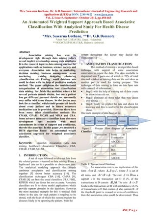 Mrs. Suwarna Gothane, Dr. G.R.Bamnote / International Journal of Engineering Research and
                 Applications (IJERA) ISSN: 2248-9622 www.ijera.com
                  Vol. 2, Issue 5, September- October 2012, pp.458-463
  An Automated Weighted Support Approach Based Associative
     Classification With Analytical Study For Health Disease
                           Prediction
                      *Mrs. Suwarna Gothane, **Dr. G.R.Bamnote
                                  *Asst Prof (CSE)ATRI, Uppal. Hyderabad
                                **HOD(CSE)P.R.M.I.T&R, Badnera, Amravati


Abstract
          Association mining has seen its                 system throughput the doctor may decide the
development right through data mining ,which              medication [6].
reveal implicit relationship among data attributes
It is the research topic in data mining and use for       2.   ASSOCIATION CLASSIFICATION:
applications such as business, science, society and                This method of mining is an algorithm based
everyone .Association rule helps in marketing,            technique with support of some association
decision making, business management ,cross               constraints to repeat the data. The data available is
marketing         ,catalog designing ,clustering          disjointed into 2 parts.one of which is 70% of total
,classification etc. Finding small database sets          data and is taken as training data and the rest taken as
could be done with the help of predictive analysis        another part is used for testing purpose. This
method. The paper enlightens the combinational            technique of data mining is done on data base sets
categorization of association and classification          with a record of information.
data mining. For fields like medicine where a lot          Step1: with the help of training set of data create
several patients consult doctor, but every patient             an association rule set.
has got different personal details not necessarily         Step2: eliminate all those rules that may cause
may suffer with same disease. So the doctor may                over fitting.
look for a classifier, which could present all details     Step3: finally we predict the data and check for
about every patient and in future necessary                    accuracy and this is said to be the classification
medications can be provided. However there have                phase.
been many other classification methods like               One such example of data base set is:
CMAR, CPAR MCAR and MMA and CBA.
Some advance associative classifiers have also seen
development       very     recently    with     small
amendments in terms of support and confidence,
thereby the accuracy. In this paper ,we proposed a        Figure 1:    Process Flow diagram of Associative
HITS algorithm based on automated weight                  Classifier
calculation approach for weighted associative                          Transaction     Items      in
classifier.                                                            ID              Transaction
Keywords:      classifier, Association rules, data                     1               ABCDE
mining, healthcare, Associative Classifiers, CBA,                      2               ACE
CMAR, CPAR, MCAR                                                       3               BD
                                                                       4               ADE
1. INTRODUCTION:
          A set of steps followed to take out data from                5               ABCDE
the related pattern is termed as data mining. From a
haphazard data set it is possible to obtain new data.     Table 1: Transactional Database
The analytical modeling approach that simply                       An association rule is an implication of the
combines association and classification mining            form A  B , where A, B  I , where I is set of
together [3] shows better accuracy [10]. The
                                                          all items, and A  B   . The rule A  B has a
classification techniques CBA [10], CMAR [9],
CPAR [8] out beat the usual classifiers C4.5, FOIL,       support s in the transaction set D if s% of the
RIPPER which are faster but not accurate. Associate       transactions in D contain A  B .The rule A  B
classifiers are fit to those model applications which     holds in the transaction set D with confidence c if c%
provide support domains in the decisions. However         of transactions in D that contain A also contain B . if
the most matched example for this is medical field        the threshold point is crossed in terms of confidence
where in the data for each patient is required to be      then the association rules could be determined. Thus
stored, with the help of which the system predicts the
diseases likely to be upsetting the patient. With the


                                                                                                  458 | P a g e
 