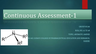 Continuous Assessment-1
GROUP NO.06
ROLL NO. 41 TO 48
TOPIC: AROMATIC AMINES
SIR DR. M.S. GOSAVI COLLEGE OF PHARMACEUTICAL EDUCATION AND RESEARCH,
NASHIK
 