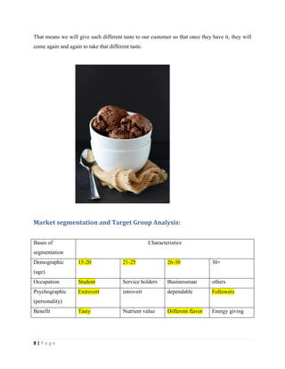 8 | P a g e
That means we will give such different taste to our customer so that once they have it, they will
come again and again to take that different taste.
Market segmentation and Target Group Analysis:
Bases of
segmentation
Characteristics
Demographic
(age)
15-20 21-25 26-30 30+
Occupation Student Service holders Businessman others
Psychographic
(personality)
Extrovert introvert dependable Followers
Benefit Tasty Nutrient value Different flavor Energy giving
 
