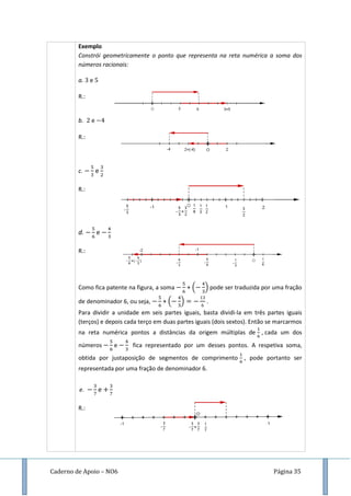 Caderno de Apoio – NO6 Página 35
Exemplo
Constrói geometricamente o ponto que representa na reta numérica a soma dos
números racionais:
a. e
R.:
b. e
R.:
c. e
R.:
d. e
R.:
Como fica patente na figura, a soma + ( ) pode ser traduzida por uma fração
de denominador 6, ou seja, + ( ) .
Para dividir a unidade em seis partes iguais, basta dividi-la em três partes iguais
(terços) e depois cada terço em duas partes iguais (dois sextos). Então se marcarmos
na reta numérica pontos a distâncias da origem múltiplas de , cada um dos
números e fica representado por um desses pontos. A respetiva soma,
obtida por justaposição de segmentos de comprimento , pode portanto ser
representada por uma fração de denominador 6.
e. e
R.:
 