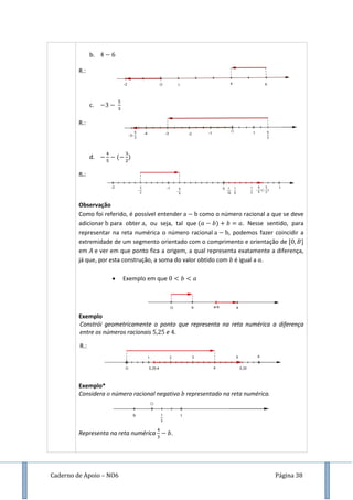 Caderno de Apoio – NO6 Página 38
b.
R.:
c.
R.:
d. ( )
R.:
Observação
Como foi referido, é possível entender como o número racional a que se deve
adicionar para obter , ou seja, tal que ( ) . Nesse sentido, para
representar na reta numérica o número racional , podemos fazer coincidir a
extremidade de um segmento orientado com o comprimento e orientação de
em e ver em que ponto fica a origem, a qual representa exatamente a diferença,
já que, por esta construção, a soma do valor obtido com é igual a .
 Exemplo em que
Exemplo
Constrói geometricamente o ponto que representa na reta numérica a diferença
entre os números racionais e .
R.:
Exemplo*
Considera número racional negativo representado na reta numérica.
Representa na reta numérica .
 