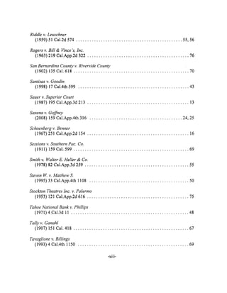 Riddle v. Leuschner
(1959) 51 Cal.2d 574 ............................................... 55, 56
Rogers v. Bill & Vince 's, lnc.
(1963) 219 Cal.App.2d 322 ............................................. 76
San Bernardino County v. Riverside County
(1902) 135 Cal. 618 ................................................... 70
Santisas v. Goodin
(1998) 17 Cal.4th 599 ................................................. 43
Sauer v. Superior Court
(1987) 195 Cal.App.3d 213 ............................................. 13
Saxena v. Goffney
(2008) 159 Cal.App.4th 316 ......................................... 24, 25
Schoenberg v. Benner
(1967) 251 Cal.App.2d 154 ............................................. 16
Sessions v. Southern Pac. Co.
(1911) 159 Cal. 599 ................................................. i. 69
Smith v. Walter E. Heller & Co.
(1978) 82 Cal.App.3d 259 .............................................. 55
Steven W. v. Matthew S.
(1995) 33 Cal.App.4th 1108 ............................................ 50
Stockton Theatres lnc. v. Palermo
(1953) 121 Cal.App.2d 616 ............................................. 75
Tahoe National Bank v. Phillips
(1971) 4 Cal.3d 11 .................................................... 48
Tally v. Ganahl
(1907) 151 Cal. 418 ................................................... 67
Tavaglione v. Billings
(1993) 4 Cal.4th 1150 ....... , t , , • , , .......... , , ° ................ . ..... 69
-xiii-
 