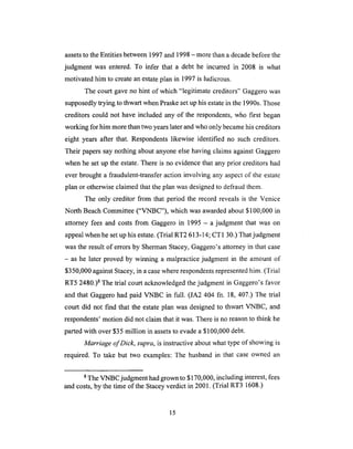 assetsto theEntitiesbetween1997and 1998- morethana decadebeforethe
judgment was entered. To infer that a debt he incurred in 2008 is what
motivated him to createanestateplan in 1997is ludicrous.
The court gaveno hint of which "legitimate creditors" Gaggerowas
supposedlytrying to thwart whenPraskesetuphisestatein the 1990s.Those
creditors could not have included any of the respondents,who first began
working for him morethantwo yearslaterandwho only becamehiscreditors
eight years after that. Respondentslikewise identified no such creditors.
Their paperssaynothing about anyoneelse havingclaims againstGaggero
whenhe setup the estate.Thereis no evidencethat anyprior creditors had
everbrought a fraudulent-transferaction involving any aspectof the estate
plan or otherwiseclaimedthat theplan wasdesignedto defraudthem.
The only creditor from that period the record revealsis the Venice
North BeachCommittee("VNBC"), which wasawardedabout$100,000 in
attorney fees and costsfrom Gaggeroin 1995 - a judgment that was on
appealwhenhesetuphis estate.(Trial RT2 613-14;CT1 30.)Thatjudgment
wastheresult of errorsby ShermanStacey,Gaggero'sattorneyin that case
- as he later proved by winning a malpracticejudgment in the amount of
$350,000againstStacey,in acasewhererespondentsrepresentedhim. (Trial
RT5 2480.)sThe trial court acknowledgedthejudgment in Gaggero'sfavor
and that Gaggerohad paid VNBC in full. (JA2 404 fn. 18, 407.) The trial
court did not find that the estateplan was designedto thwart VNBC, and
respondents'motion did not claim that it was.Thereis noreasonto think he
partedwith over$35 million in assetsto evadea $100,000debt.
Marriage of Dick, supra, is instructive about what type of showing is
required. To take but two examples: The husband in that case owned an
s The VNBC judgment had grown to $170,000, including interest, fees
and costs, by the time of the Stacey verdict in 2001. (Trial RT3 1608.)
15
 