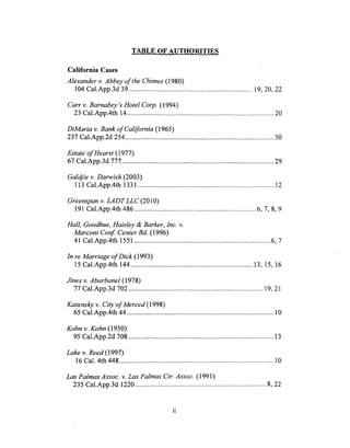 TABLE OF AUTHORITIES
California Cases
Alexander v. Abbey of the Chimes (1980)
104 Cal.App.3d 39 ....................................................................... 19, 20, 22
Carr v. Barnabey's Hotel Corp. (1994)
23 Cal.App.4th 14 .................................................................................... 20
DiMaria v. Bank of California (1965)
237 Cal.App.2d 254 ..................................................................................... 30
Estate of Hearst (1977)
67 Cal.App.3d 777 ....................................................................................... 29
Galdjie v. Darwish (2003)
113 Cal.App.4th 1331 .............................................................................. 12
Greenspan v. LADT LLC (2010)
191 Cal.App.4th 486 ...................................................................... 6, 7, 8, 9
Hall, Goodhue, Haisley & Barker, Inc. v.
Marconi Conf. Center Bd. (1996)
41 Cal.App.4th 1551 .............................................................................. 6, 7
In re Marriage of Dick (1993)
15 Cal.App.4th 144 ...................................................................... 13, 15, 16
Jines v. Abarbanel (1978)
77 Cal.App.3d 702 ............................................................................. 19, 21
Kazensky v. City of Merced (1998)
65 Cal.App.4th 44 .................................................................................... 10
Kohn v. Kohn (1950)
95 Cal.App.2d 708 ................................................................................... 13
Lake v. Reed (1997)
16 Cal. 4th 448 ........................................................................................ 10
Las Palmas Assoe. v. Las Palmas Ctr. Assoc. (1991)
235 Cal.App.3d 1220 ........................................................................... 8, 22
 