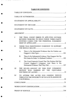 O
TABLE OF CONTENTS
TABLE OF CONTENTS ............................................................................... i
TABLE OF AUTHORITIES ......................................................................... ii
STATEMENT OF APPEALABILITY ......................................................... 1
STATEMENT OF THE CASE ..................................................................... 1
STATEMENT OF FACTS ............................................................................ 2
ARGUMENT ....................................................................... ......................... 6
I THE TRIAL COURT ERRED IN APPLYING OUTSIDE
REVERSE PIERCING TO HOLD THESE THIRD PARTY
ENTITLES LIABLE FOR THE PERSONAL JUDGMENT
DEBT OF APPELLANT .................................................................... 6
II THERE WAS INSUFFICIENT EVIDENCE TO SUPPORT
THE RESULT BELOW ................................................................... 10
A. There is No Substantial Evidence that the Entities are
Gaggero's Alter Egos .......................................................... 101
B. There Is No Substantial Evidence That Gaggero Set Up
His Estate In Order To Defraud Creditors .......................... 103
C. The Court Expressly Found That The Entities Did Not
Control Gaggero's Litigation, And There Is No
Substantial Evidence That They Did ................................... 107
IIl THE RELIEF_SOUGHT BY THIS POST JUDGMENT
MOTION WAS BARRED BY THE EQUITABLE
DOCTRINE OF LACHES ............................................................... 19
IV TO AFFIRM THE ALTER EGO FINDING WOULD
THREATEN THE INTEGRITY OF ESTATE PLANNING IN
CALIFORNIA .................................................................................. 22
CONCLUSION ........................................................................................... 31
WORD COUNT CERTIFICATION ......................................................... 313
PROOF OF SERVICE .............................................................................. 314
 