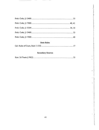 Prob.Code,§ 15400....................................................................................33
Prob.Code,§ 17000..............................................................................40,41
Prob.Code,§ 15304..............................................................................34, 35
Prob.Code,§ 15400....................................................................................33
Prob.Code,§ 17000....................................................................................40
StateRules
Cal.Rulesof Court,Rule3.1332................................................................17
SecondarySources
Rest. 2d Trusts § 99(5) ................................................................................ 35
vii
 