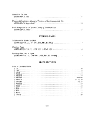 Tanzola v. De Rita
(1955) 45 Cal.2d 1 ........................................................................................................................31
Unnamed Physician v. Board o f Trustees o f Saint Agnes Med. Ctr.
(2001) 93 Cal.App.4th 607 ...................................................................................................... 24
Wells Fargo & Co. v. City and County o fSan Francisco
(1944) 25 Cal.2d 3 7 ......................................................................................................................15
FEDERAL CASES
Anderson Nat. Bank v. Luckett
(1944) 321 U.S. 233 [64 S.Ct. 599, 88 L.Ed. 692] .............................................................. 17
Galpin v. Page
(1873) 85 U.S. 350 [21 L.Ed. 959, 18 Wall. 3 5 0 ] .................................................................16
Roadway Exp., Inc. v. Piper
(1980) 447 U.S. 752 [100 S.Ct. 2455, 65 L.Ed.2d 488] ..................................................... 17
STATE STATUTES
Code of Civil Procedure
§ 1 2 ................................................................................................................................................... 20
§ 187....................................................................................................................................................8
§ 6 3 1 .8 ...............................................................................................................................................5
§ 685.010 ...................................................................................................................................... 34
§ 685.040 ............................................................................................................................... passim
§ 685.070 ........................................................................................................................ 27,28,30
§ 685.080 ................................................................................................................................. 10,28
§ 708.110 ...................................................................................................................................... 27
§ 904.1 ...............................................................................................................................................2
§ 9 1 6 .................................................................................................................................................22
§ 923 ............................................................................................................................................... 22
§917.1 ............................................................................................................................................ 25
§ 1033.5 ........................................................................................................................................ 29
-viii
 