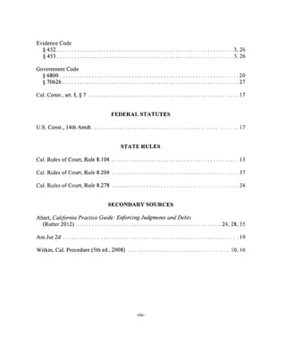 Evidence Code
§ 452 ........................................................................................................................................... 3,26
§ 453 .........................................................................................................; ............................... 3. 26
Government Code
§ 6800 20
§ 70626 ........................................................................................................................................... 27
Cal. Const., art. I, § 7 ....................................................................................................................... 17
FEDERAL STATUTES
U.S. Const., 14th Arndt.......................................................................................................................17
STATE RULES
Cal. Rules of Court, Rule8 .1 0 4 ......................................................................................................13
Cal. Rules of Court, Rule8.204 .................................................................................................... 37
Cal. Rules of Court, Rule8.278 .................................................................................................... 24
SECONDARY SOURCES
Ahart, California Practice Guide: Enforcing Judgments and Debts
(Rutter 2012) ........................................................................................................... 24,28,35
A m .Jur.2d.............................................................................................................................................19
Witkin, Cal. Procedure (5th ed., 2008) ..................................................................................10,16
-IX-
 