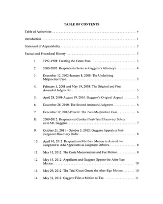 TABLE OF CONTENTS
Table o f A uthorities.......................................................................................................................v
Introduction .................................................................................................................................. 1
Statement of Appealability .........................................................................................................2
Factual and Procedural H isto ry ..................................................................................................3
1. 1997-1998: Creating the Estate Plan...................................................................3
2. 2000-2002: Respondents Serve as Gaggero’s Attorneys.............................. 4
3. December 12, 2002-January 8, 2008: The Underlying
Malpractice Case....................................................................................................5
4. February 5, 2008 and May 19, 2008: The Original and First
Amended Judgments............................................................................................. 5
5. April 28, 2008-August 19, 2010: Gaggero’s Original Appeal.....................5
6. December 28, 2010: The Second Amended Judgment.................................. 6
7. December 12, 2002-Present: The Yura Malpractice Case.............................6
8. 2009-2012: Respondents Conduct Post-Trial Discovery Solely
as to Mr. Gaggero.................................................................................................. 7
9. October 21, 2011 - October 3, 2012: Gaggero Appeals a Post-
Judgment Discovery Order.................................................................................. 8
10. April 10, 2012: Respondents File their Motion to Amend the
Judgment to Add Appellants as Judgment Debtors....................................... 8
11. May 15, 2012: The Costs Memorandum and Fee M otion.............................8
12. May 15, 2012: Appellants and Gaggero Oppose the Alter-Ego
M otion.................................................................................................................. 10
13. May 29, 2012: The Trial Court Grants the Alter-Ego M otion................... 10
14. May 31, 2012: Gaggero Files a Motion to Tax..............................................11
 