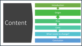 Content
Conclusion
What needs to change?
Cons
Pros
Origin
Introduction
 