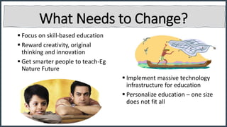 What Needs to Change?
 Focus on skill-based education
 Reward creativity, original
thinking and innovation
 Get smarter people to teach-Eg
Nature Future
 Implement massive technology
infrastructure for education
 Personalize education – one size
does not fit all
 
