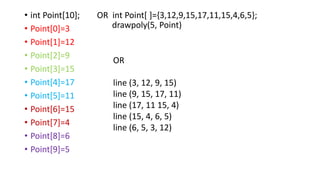 • int Point[10]; OR int Point[ ]={3,12,9,15,17,11,15,4,6,5};
• Point[0]=3
• Point[1]=12
• Point[2]=9
• Point[3]=15
• Point[4]=17
• Point[5]=11
• Point[6]=15
• Point[7]=4
• Point[8]=6
• Point[9]=5
drawpoly(5, Point)
OR
line (3, 12, 9, 15)
line (9, 15, 17, 11)
line (17, 11 15, 4)
line (15, 4, 6, 5)
line (6, 5, 3, 12)
 