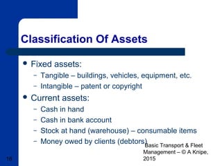 Basic Transport & Fleet
Management – © A Knipe,
201516
Classification Of Assets
 Fixed assets:
– Tangible – buildings, vehicles, equipment, etc.
– Intangible – patent or copyright
 Current assets:
– Cash in hand
– Cash in bank account
– Stock at hand (warehouse) – consumable items
– Money owed by clients (debtors)
 