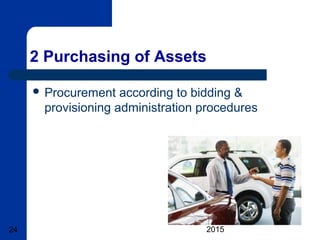 Basic Transport & Fleet
Management – © A Knipe,
201524
2 Purchasing of Assets
 Procurement according to bidding &
provisioning administration procedures
 