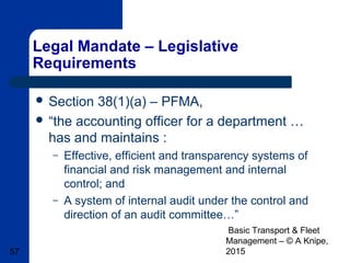 Basic Transport & Fleet
Management – © A Knipe,
201557
Legal Mandate – Legislative
Requirements
 Section 38(1)(a) – PFMA,
 “the accounting officer for a department …
has and maintains :
– Effective, efficient and transparency systems of
financial and risk management and internal
control; and
– A system of internal audit under the control and
direction of an audit committee…”
 