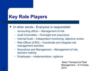 Basic Transport & Fleet
Management – © A Knipe,
201562
Key Role Players
 In other words - Everyone is responsible!
– Accounting officer – Management of risk
– Audit Committee – Oversight and assurance
– Internal Audit – Independent monitoring, objective review
– Risk Officer (CRO) – Coordinate and integrate risk
management activities
– Executives and Management – Management of risk,
decision making
– Employees – Implementation, vigilance
 
