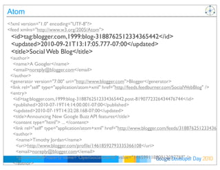 Developer DayGoogle 2010
Atom
<?xml version="1.0" encoding="UTF-8"?>
<feed xmlns="http://www.w3.org/2005/Atom">
<id>tag:blogger.com,1999:blog-3188762512334365442</id>
<updated>2010-09-21T13:17:05.777-07:00</updated>
<title>Social Web Blog</title>
<author>
<name>A Googler</name>
<email>noreply@blogger.com</email>
</author>
<generator version="7.00" uri="http://www.blogger.com">Blogger</generator>
<link rel="self" type="application/atom+xml" href="http://feeds.feedburner.com/SocialWebBlog" />
<entry>
<id>tag:blogger.com,1999:blog-3188762512334365442.post-8190772326434476744</id>
<published>2010-07-19T14:14:00.001-07:00</published>
<updated>2010-07-19T14:32:28.168-07:00</updated>
<title>Announcing New Google Buzz API features</title>
<content type="html"> ... </content>
<link rel="self" type="application/atom+xml" href="http://www.blogger.com/feeds/31887625123343654
<author>
<name>Timothy Jordan</name>
<uri>http://www.blogger.com/proﬁle/14618592793335366108</uri>
<email>noreply@blogger.com</email>
<gd:extendedProperty name="OpenSocialUserId" value="14459911890912057787" />
</author>
 