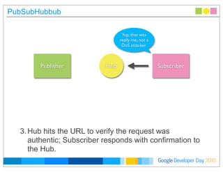 Developer DayGoogle 2010
PubSubHubbub
3.Hub hits the URL to verify the request was
authentic; Subscriber responds with confirmation to
the Hub.
Publisher SubscriberHub
Yup, that was
really me, not a
DoS attacker.
 