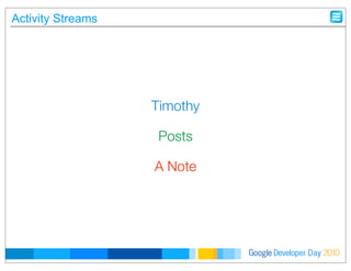 Developer DayGoogle 2010
Timothy
Posts
A Note
Activity Streams
 